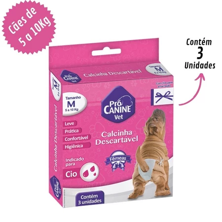 Calcinha Descartável Para Cachorra M PróCanine 3 Unidades Cio 5-10kg Ajustável