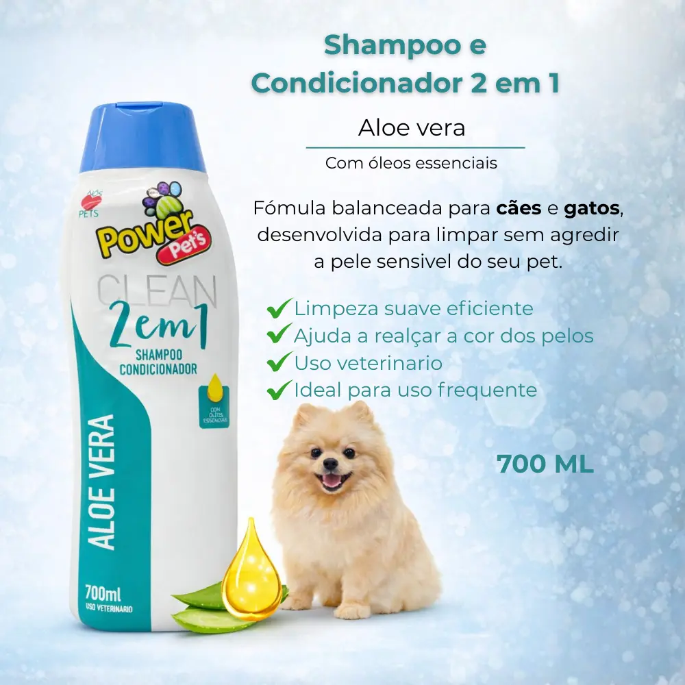 Shampoo Aloe E Vera Clean 2 Em 1 Para Cães 700ml Powerpets - Imagem 2