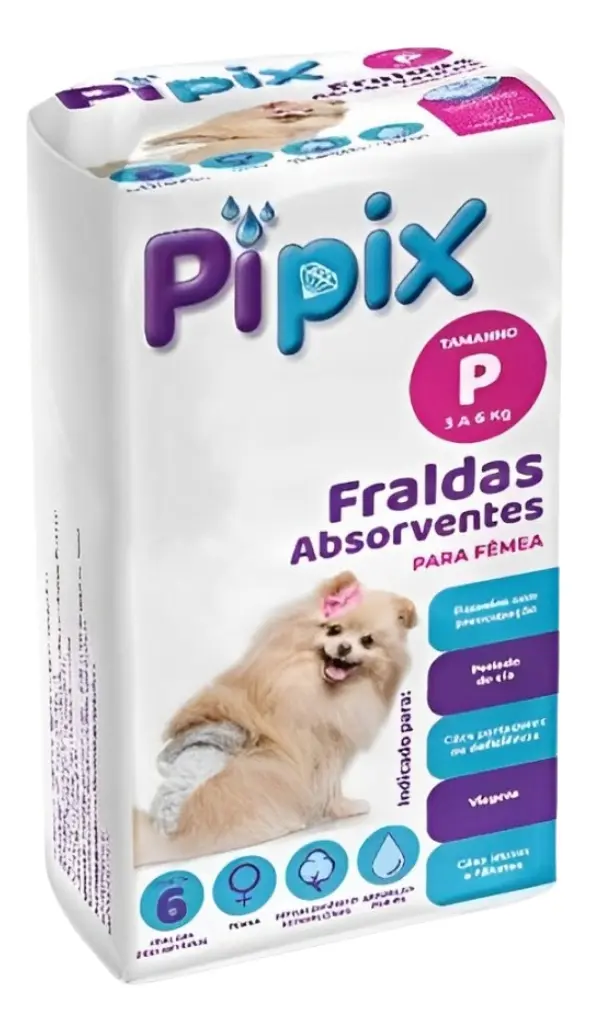 Fralda Higiênica Descartável Para Cães Pet Pipix Fêmea 6 Un. Cor Branco Tamanho P